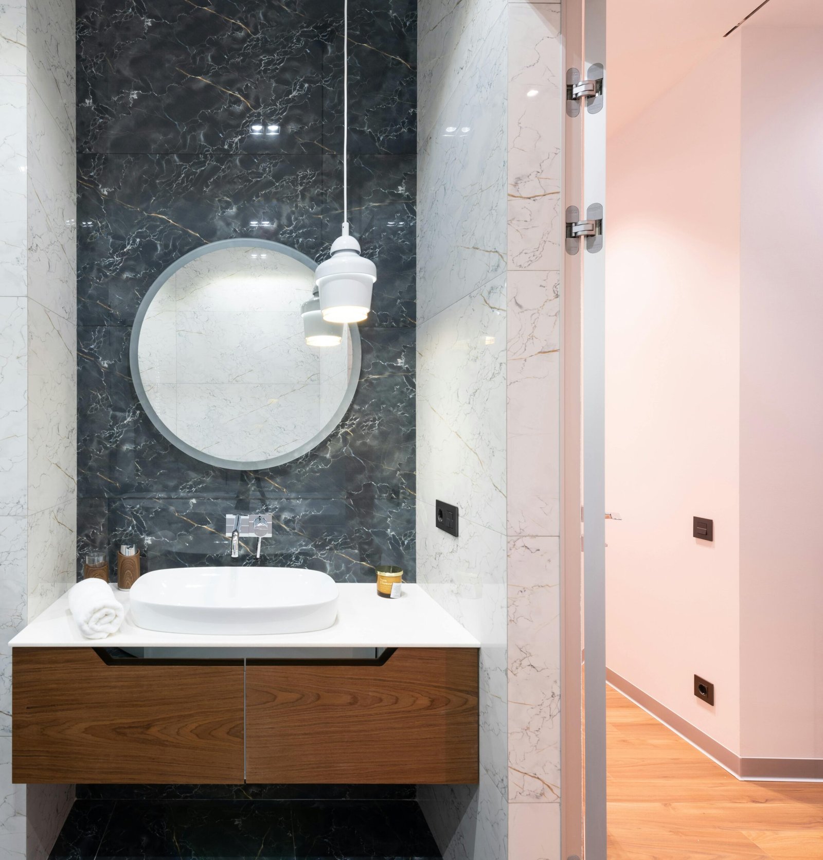 Large format porcelain wall panels in a modern Vancouver bathroom