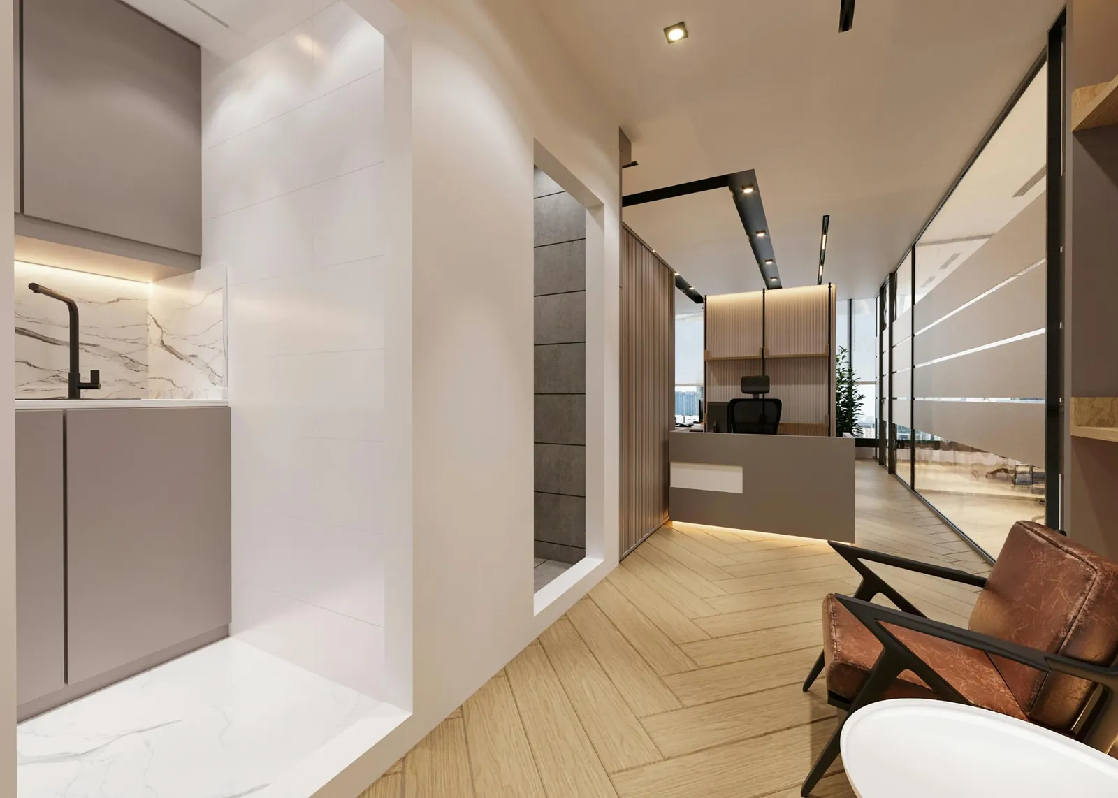 Contemporary office hallway with wood, glass and large-format flooring