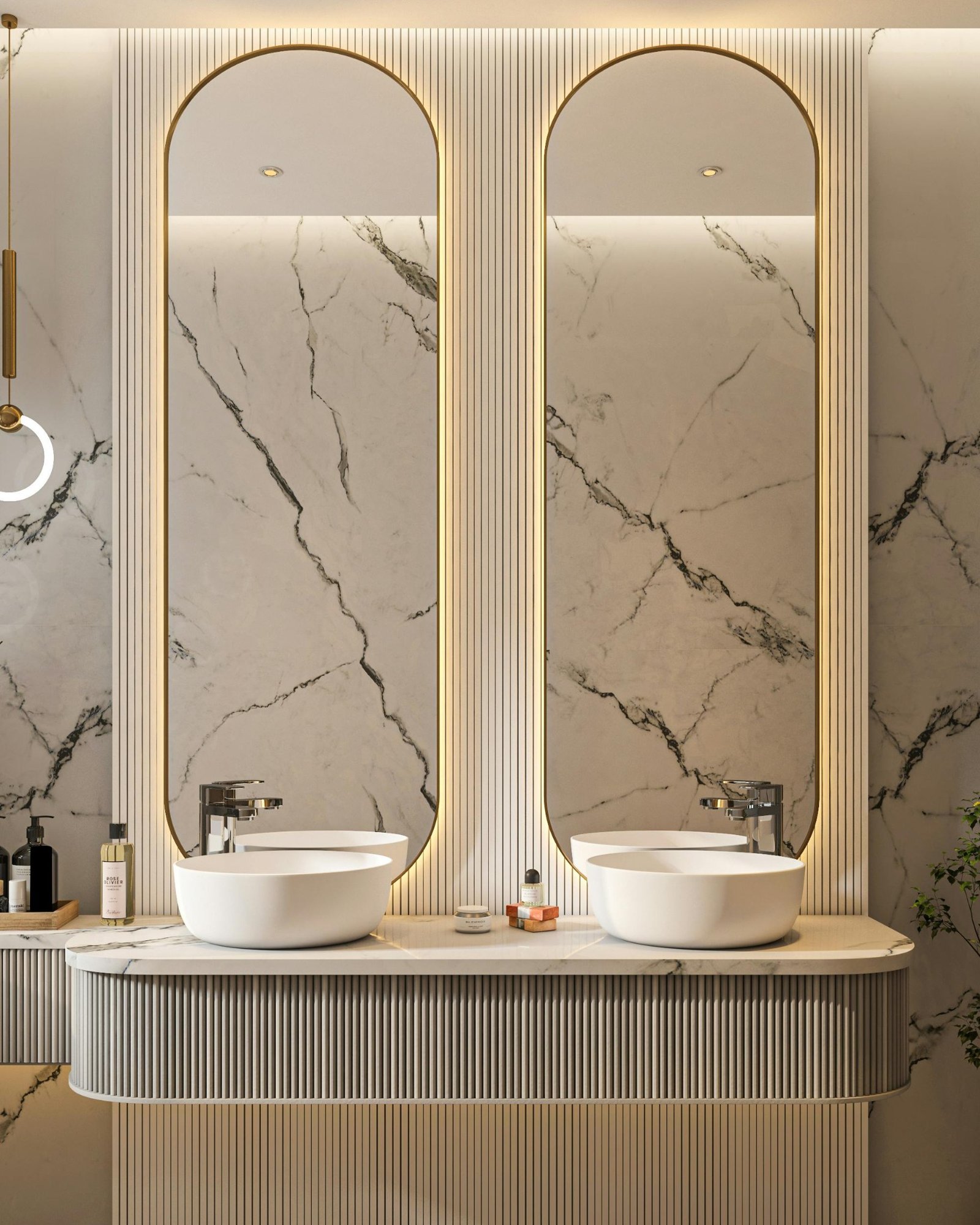 Fir Stone marble-look bathroom with arched backlit mirrors and double vanity