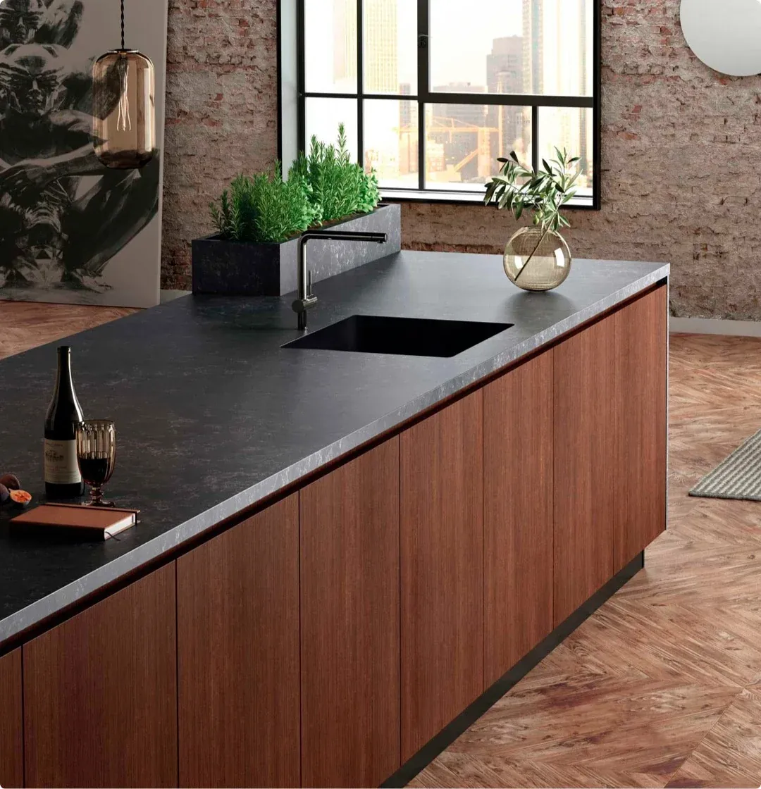 Dark Silestone countertop in an industrial-inspired kitchen