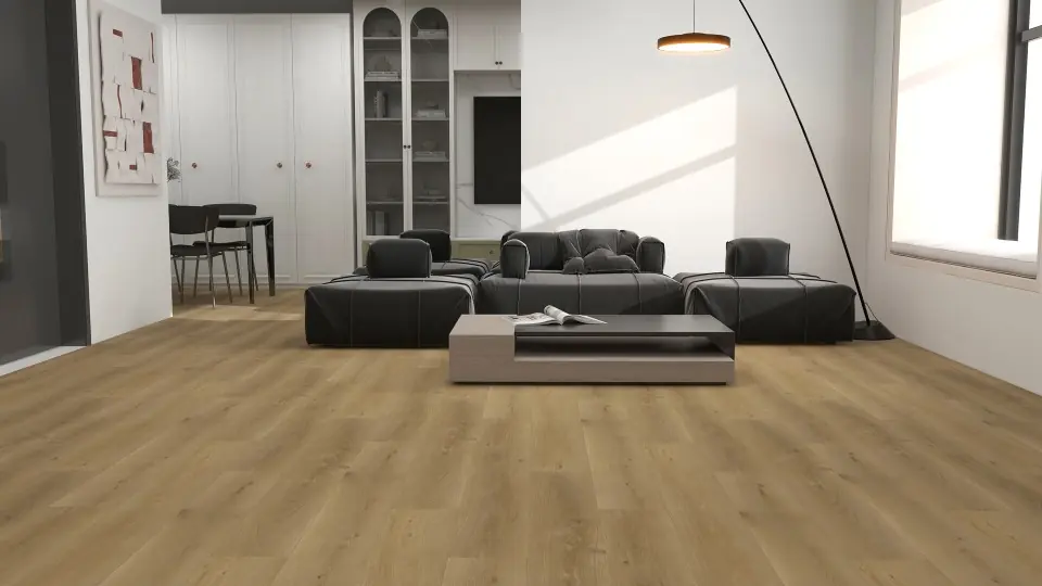 Modern living room with wood-look vinyl plank flooring in Vancouver